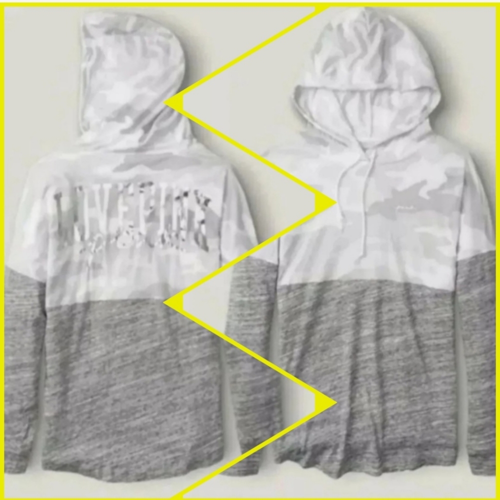 Victorias Secret PINK Varsity tshirt hoodie grey camo shine